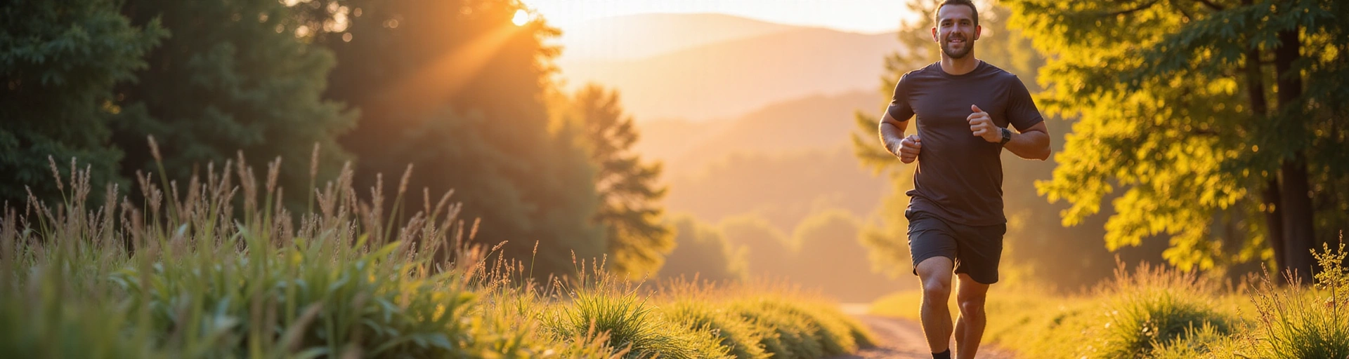 Dynamic image of a strong, healthy man engaging in an outdoor activity, perhaps hiking or running, with a vibrant, natural background. Focus on vitality and well-being, conveying energy and health.