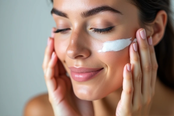 Close-up of a woman applying a natural face cream, serene expression, soft lighting.