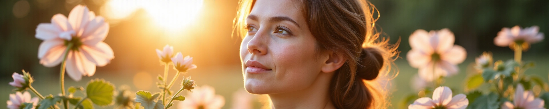 Radiant woman with glowing skin, surrounded by natural elements like flowers and soft light, embodying beauty and wellness.
